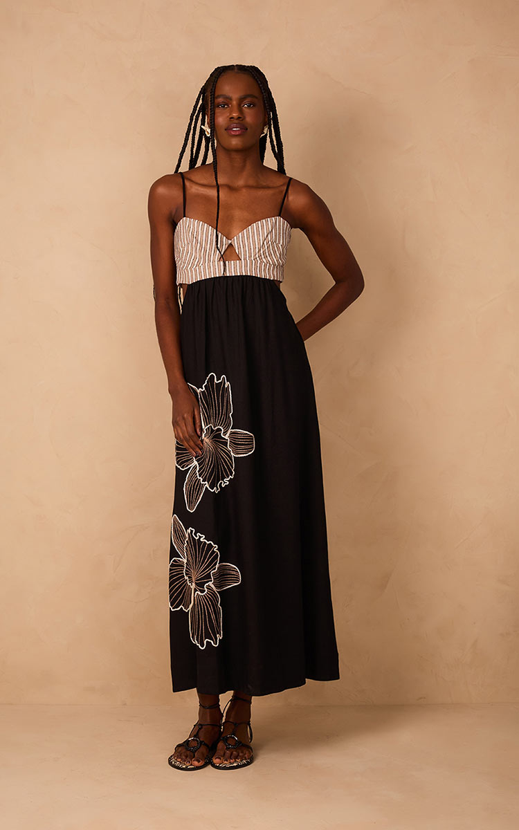 EMBROIDERED LINEN MAXI DRESS - Black H / Medium / 01.33.2157 EMBROIDERED LINEN MAXI DRESS - Black H / Medium / 01.33.2157