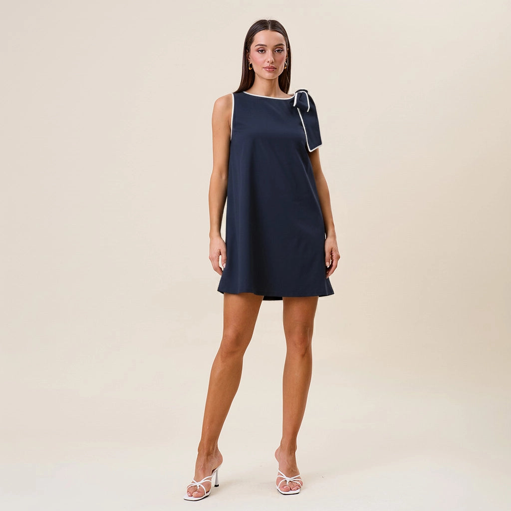 navy blue shift cocktail dress TIE SHOULDER MINI – Copper Penny Indigo blue SIZE:M/L Clothing Gift Rewritten Brooklyn Bridesmaid Dress 48% Linen.