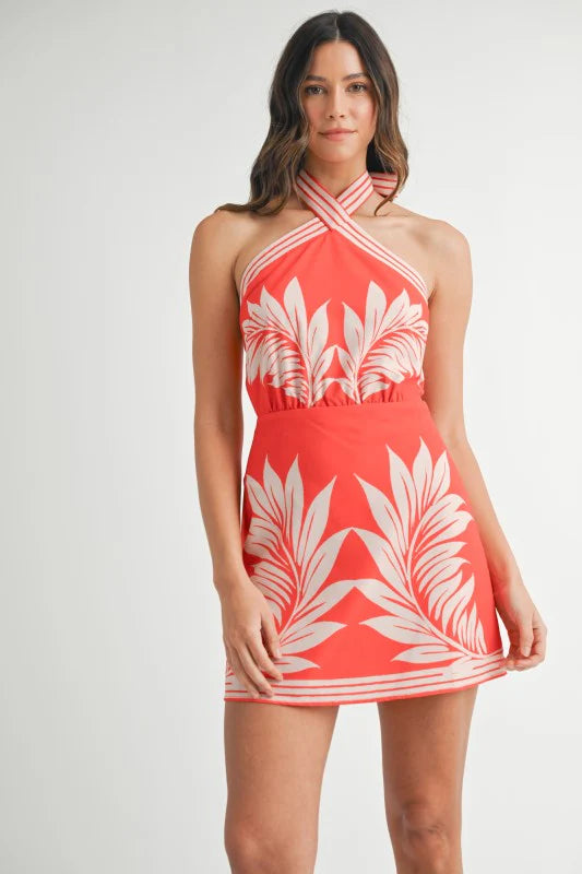 PLACEMENT PRINT HALTER NECK MINI DRESS