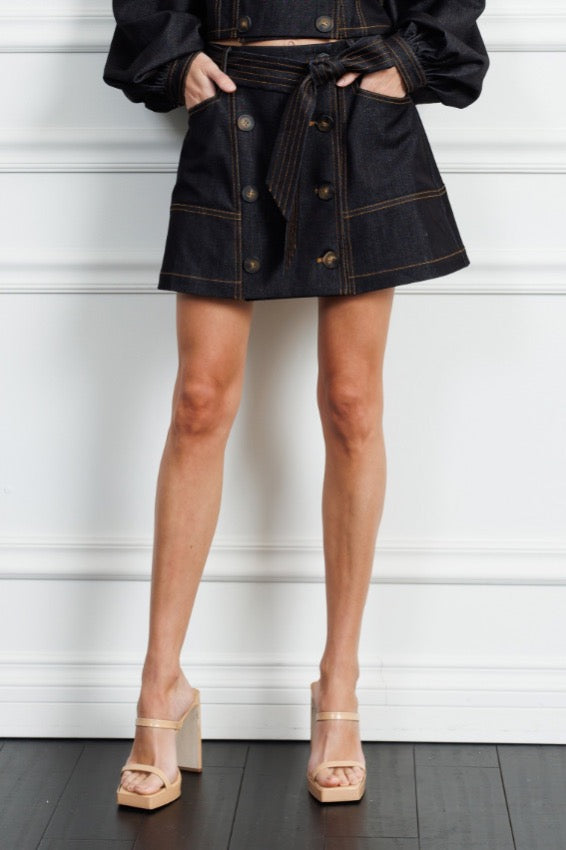 CIEBON Elma Denim Coordinating High Waist Belted Button Down Mini Skirt, Womens, L, Black