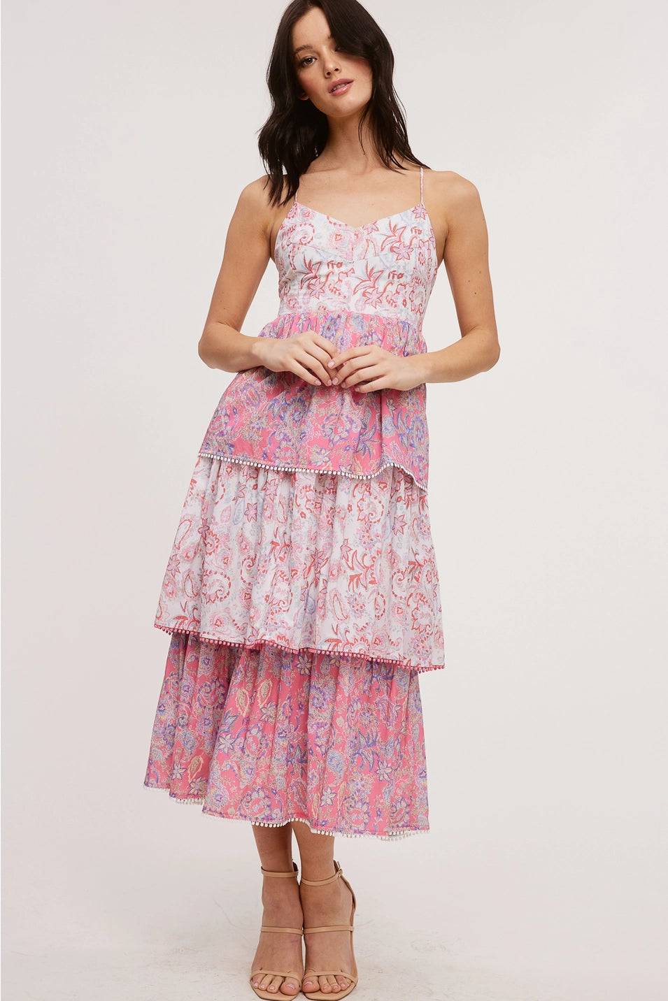 pink tiered maxi dress VINTAGE PASILEY TIERED MAXI DRESS
