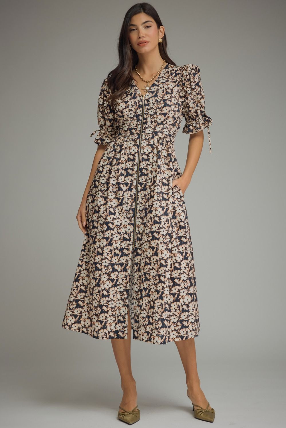 FLORAL PRINT SHORT PUFF SLEEVE MIDI DRESS – Copper Penny