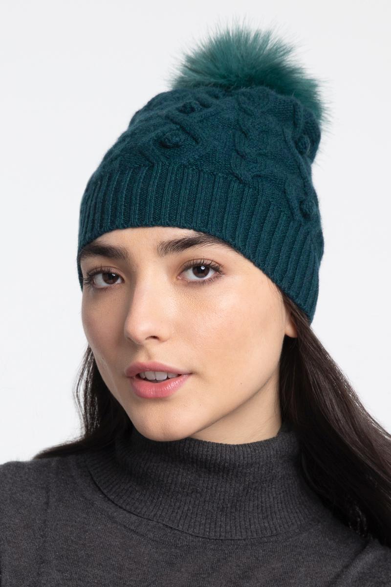 Navy Blue pure cashmere fur pom pom cable knit beanie hat