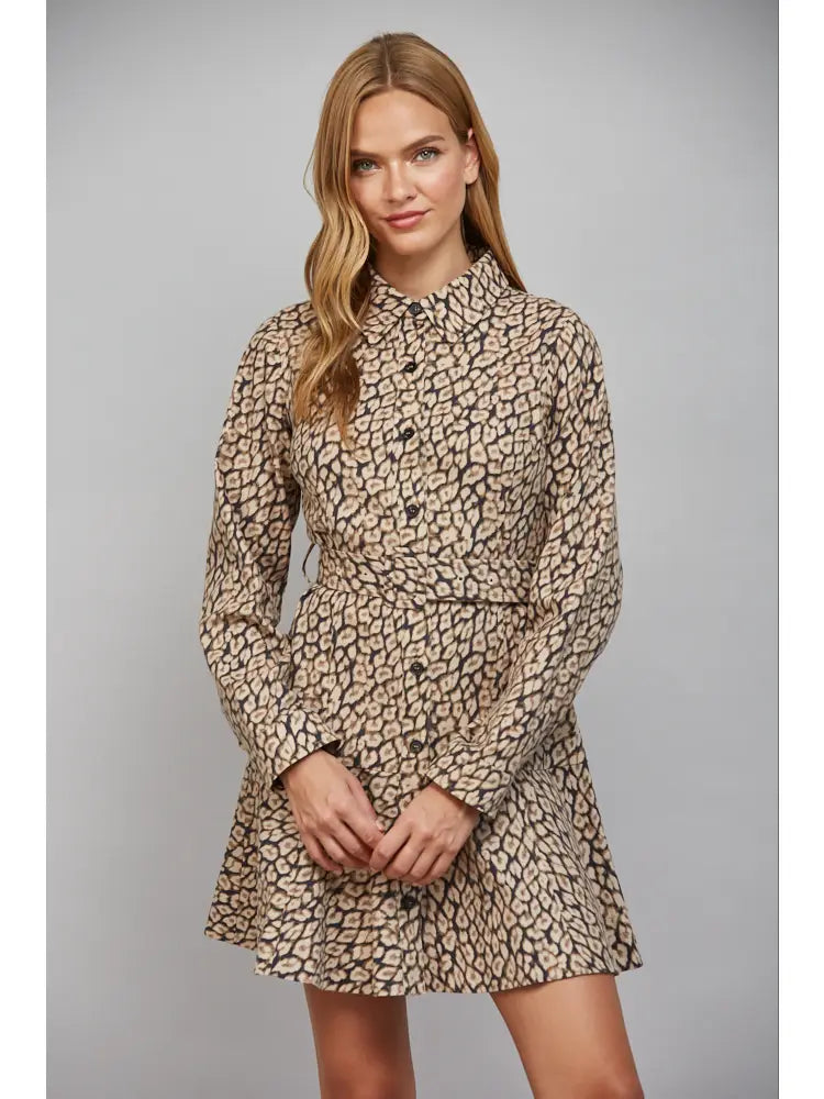 ANIMAL PRINT BELTED SHIRT DRESS