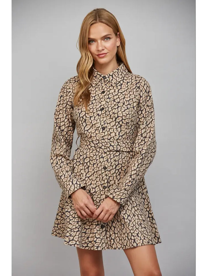 ANIMAL PRINT BELTED SHIRT DRESS