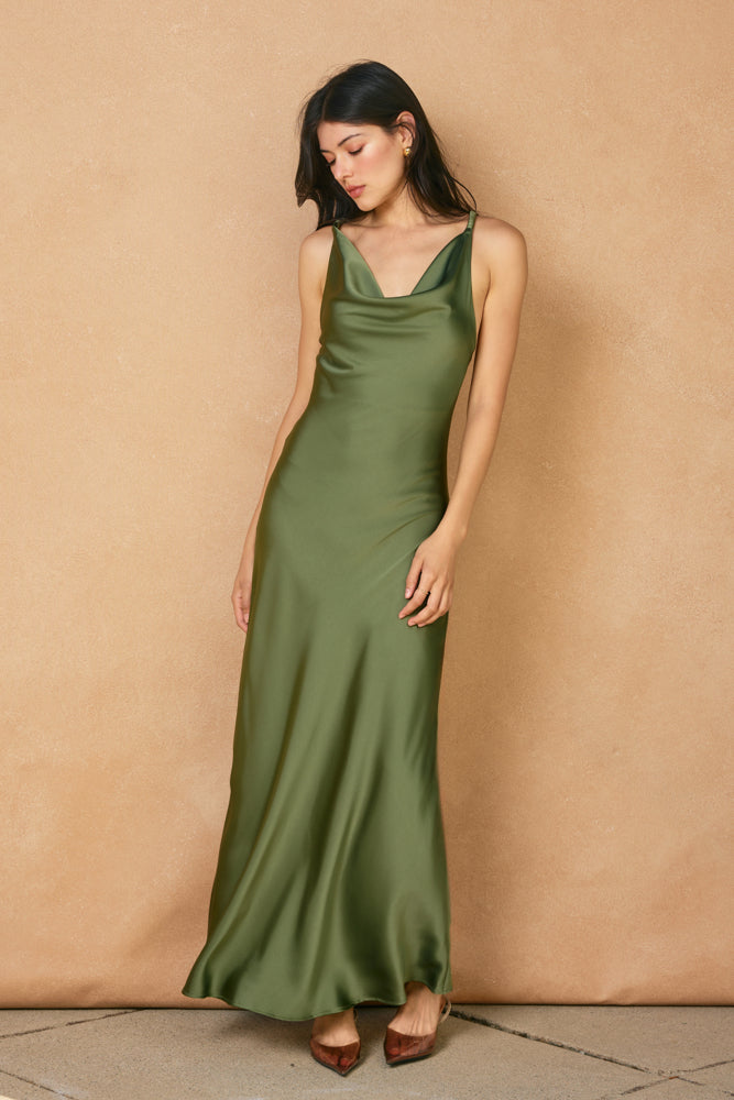 SATIN TWISTED STRAP MAXI DRESS