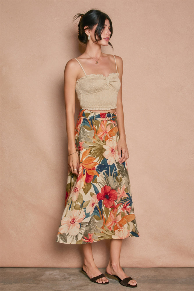 COUNTRYSIDE BIRD BUCKLED A LINE MIDI SKIRT
