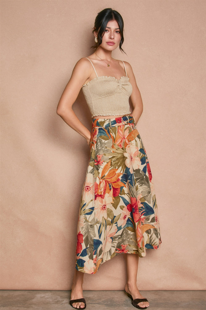COUNTRYSIDE BIRD BUCKLED A LINE MIDI SKIRT