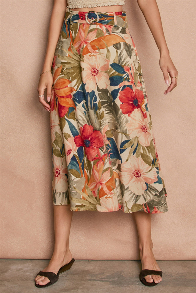 COUNTRYSIDE BIRD BUCKLED A LINE MIDI SKIRT