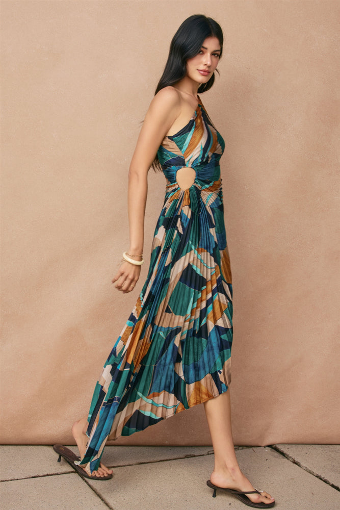 ABSTRACT ASYMMETRICAL PLEATED MAXI DRESS