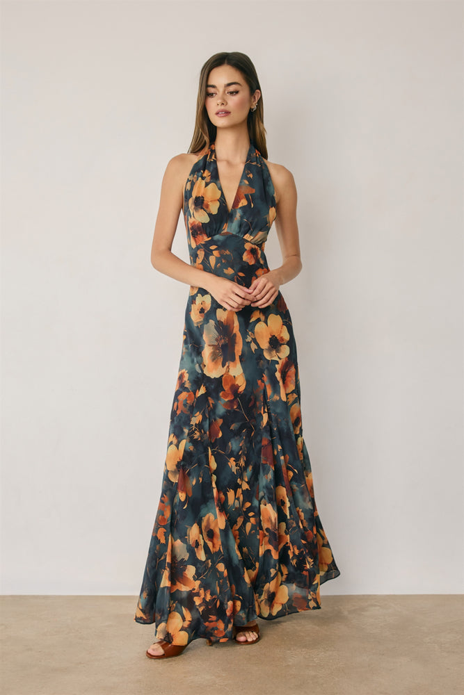 FLORAL CHIFFON HALTER GODET MAXI DRESS
