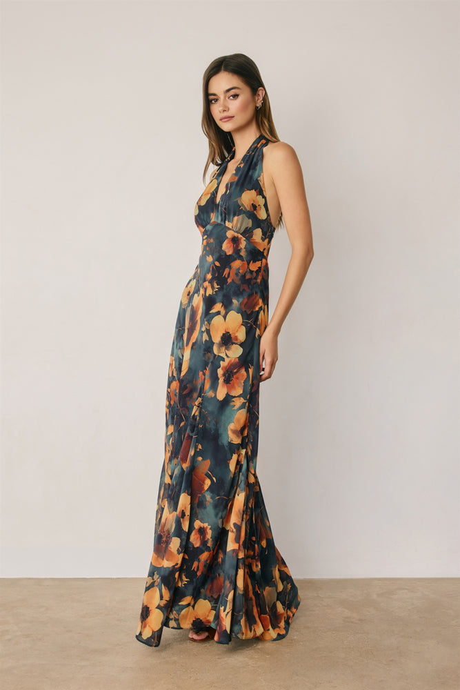FLORAL CHIFFON HALTER GODET MAXI DRESS