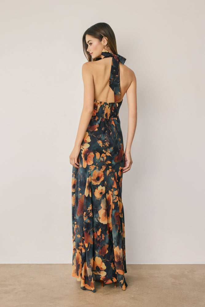 FLORAL CHIFFON HALTER GODET MAXI DRESS