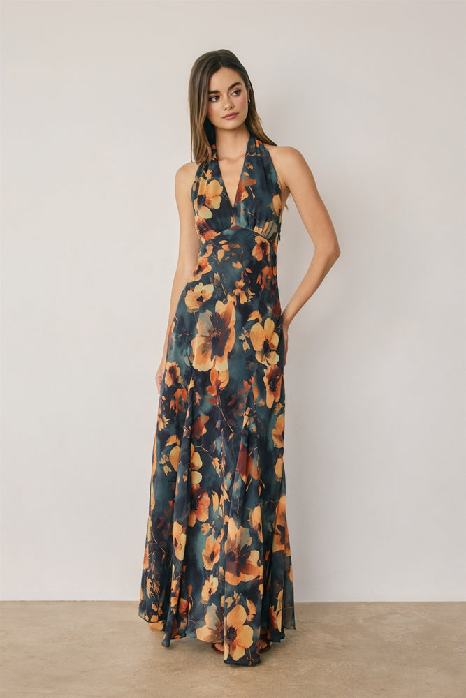 FLORAL CHIFFON HALTER GODET MAXI DRESS
