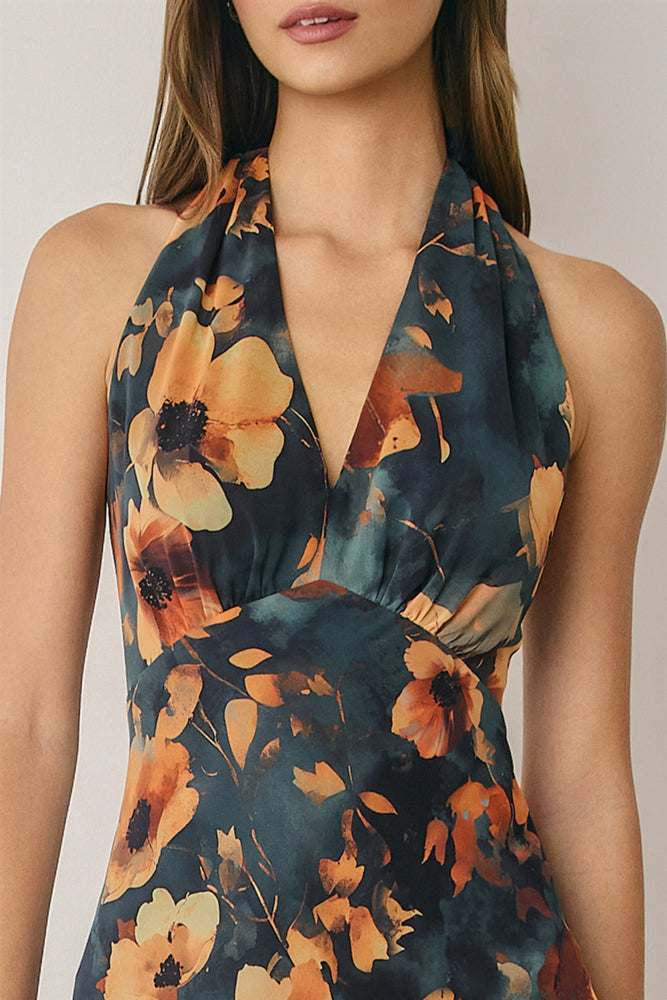 FLORAL CHIFFON HALTER GODET MAXI DRESS