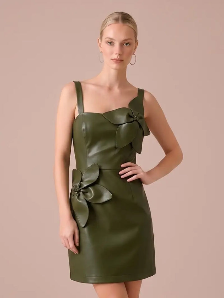 FLOWER APPLIQUE FAUX LEATHER MINI DRESS