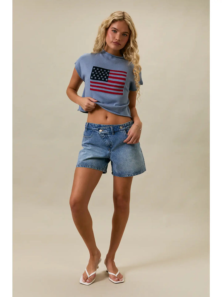 DROP SHOULDER MOCK NECK "USA FLAG" SWEATER
