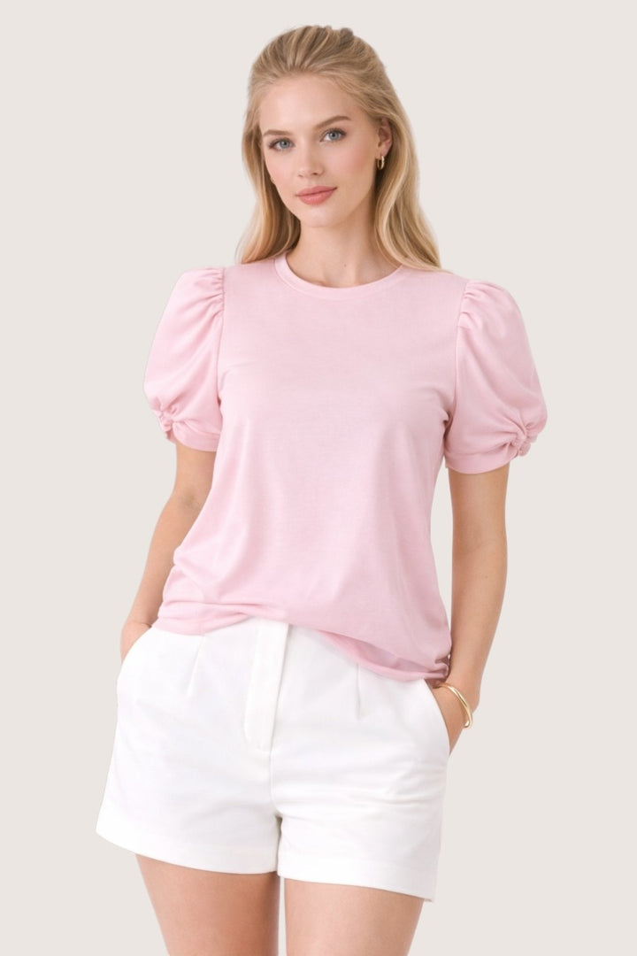 PUFF SLEEVE STRETCH COTTON KNIT TOP