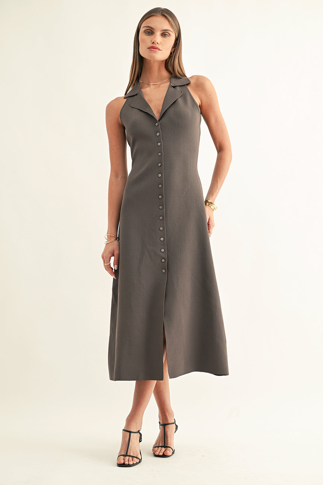 LILY HALTER SHIRT MIDI KNIT DRESS