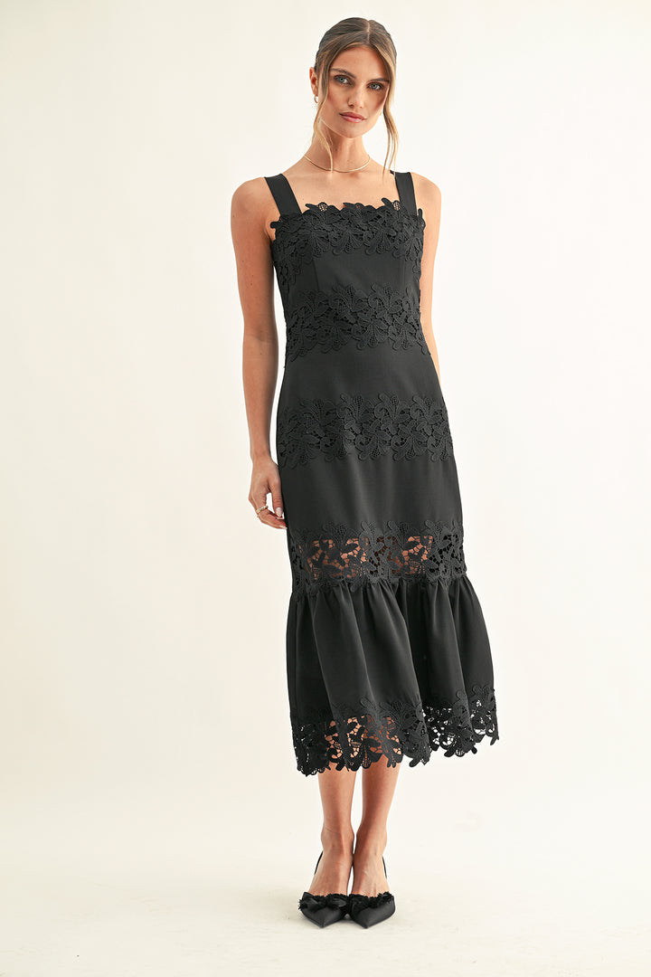 DAVINA LACE INSERTED SLEEVELESS MIDI DRESS