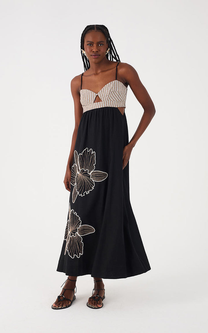 EMBROIDERED LINEN MAXI DRESS - Black H / Medium / 01.33.2157 EMBROIDERED LINEN MAXI DRESS - Black H / Medium / 01.33.2157