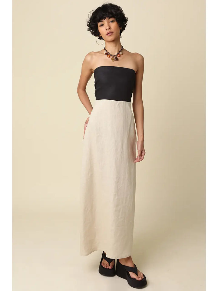 MEI CONTRAST STRAPLESS LINEN MAXI DRESS