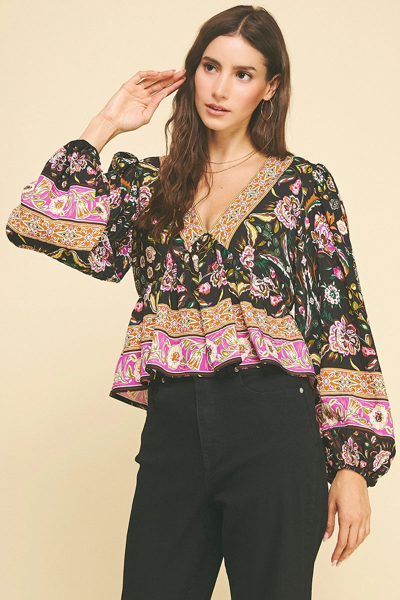 BOHO PRINT V NECK TOP