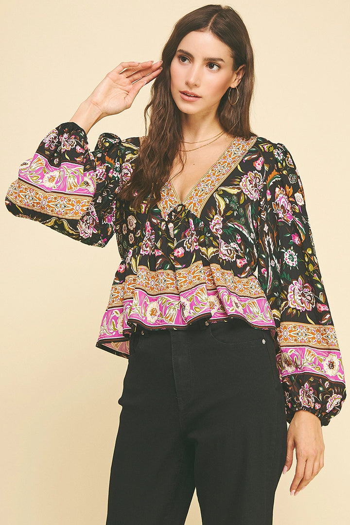 BOHO PRINT V NECK TOP
