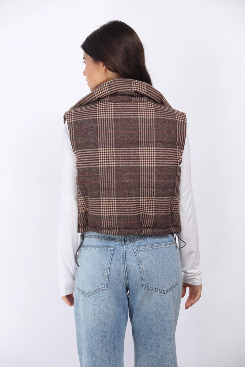 PLAID PUFFER VEST WITH WELT POCKETS
