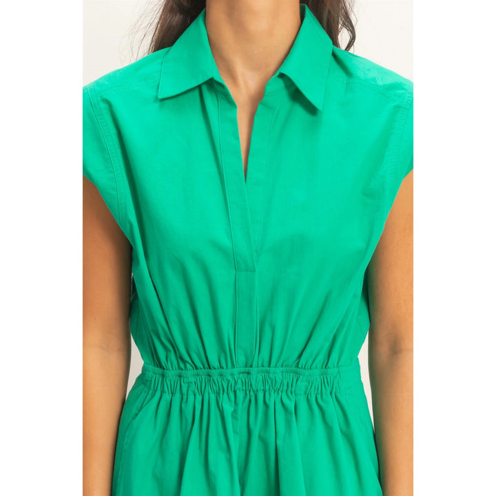 SLEEVELESS COLLARED SHIRRED MINI DRESS
