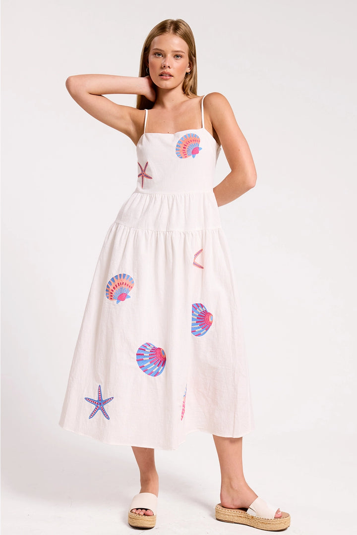 MARINE SHELL EMBROIDERED APPLIQUE MIDI DRESS