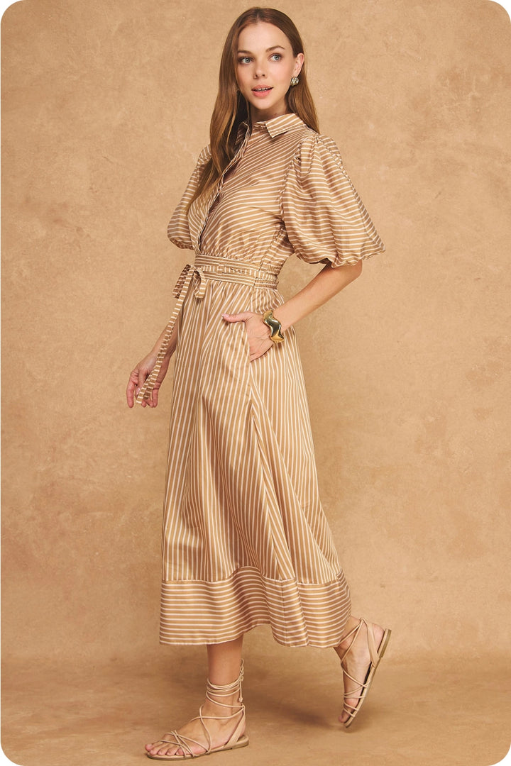 STRIPED TENCEL PUFF SLEEVE SHIRT MIDI DRESS