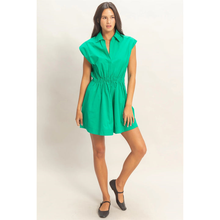SLEEVELESS COLLARED SHIRRED MINI DRESS