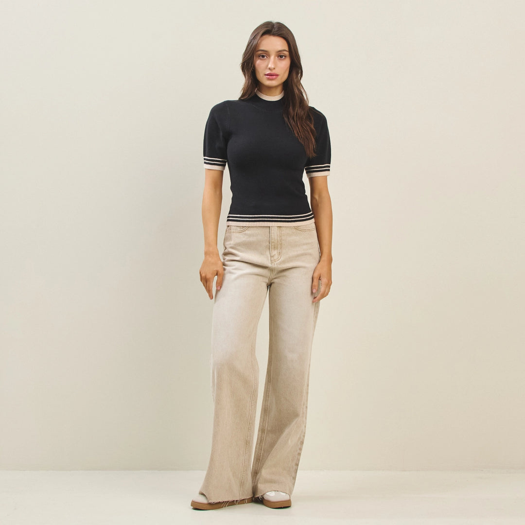 COLOR CONTRAST DETAILED MOCK NECK SWEATER TOP