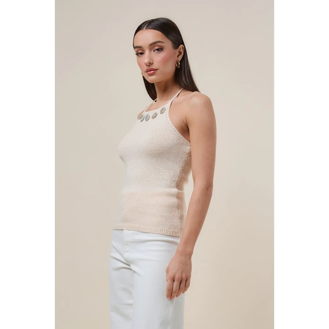 SHELL BUTTON DETAILED SWEATER HALTER NECK TOP