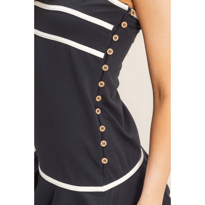 STRIPED STRAPLESS FLOUNCE DRESS