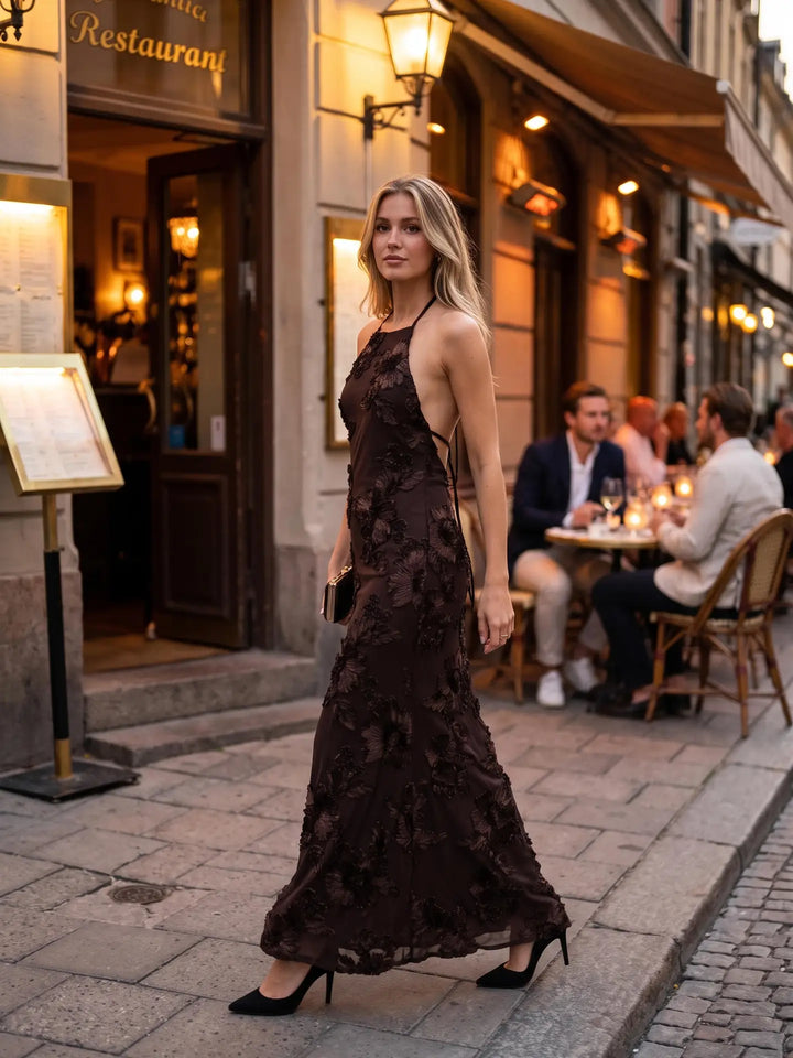 3D FLORAL MESH MERMAID MAXI DRESS