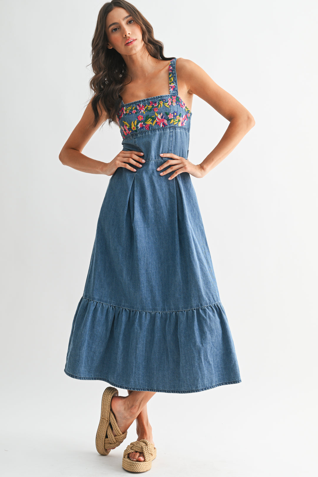denim square neck midi dress Tzarkozy - Sleeveless Square Neck Washed Ruffle Midi A-Line Denim Dress