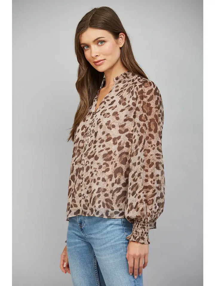 ANIMAL PRINT CHIFFON WITH LUREX SPLIT NECK BLOUSE