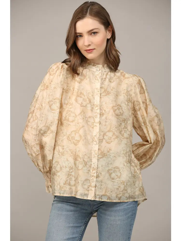 FLORAL PRINT RUFFLE NECK BLOUSE