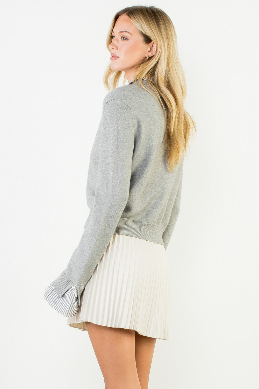 PEARL BUTTON MIXED MEDIA COLLARED KNIT TOP