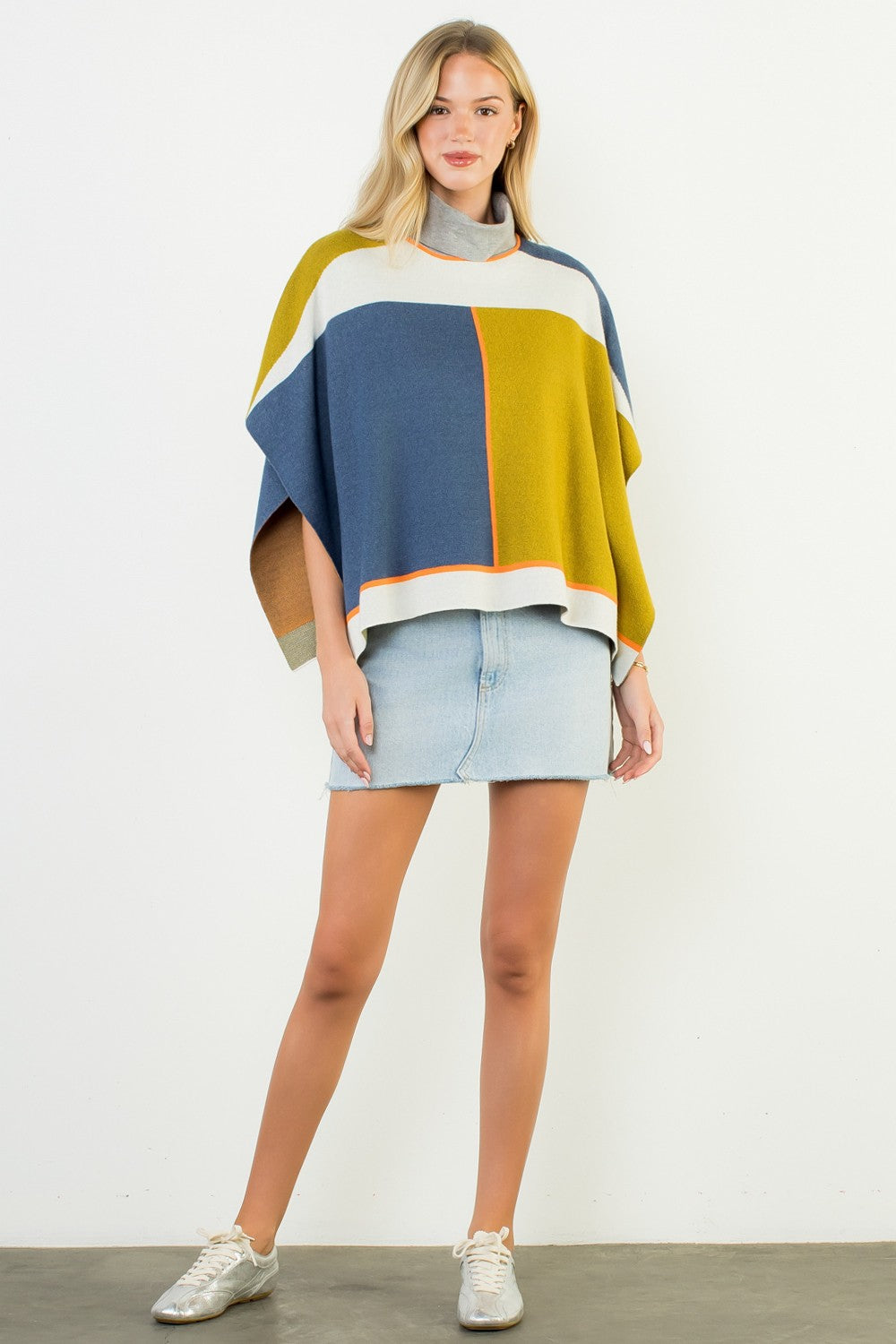 COLORBLOCK MOCK NECK KNIT PONCHO