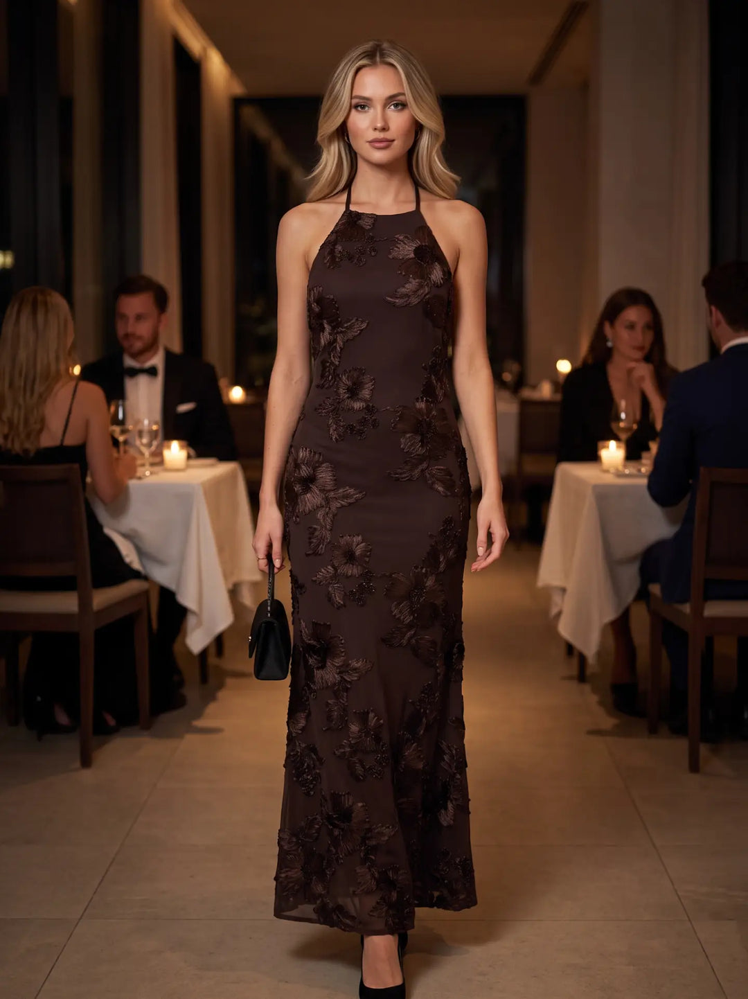 3D FLORAL MESH MERMAID MAXI DRESS