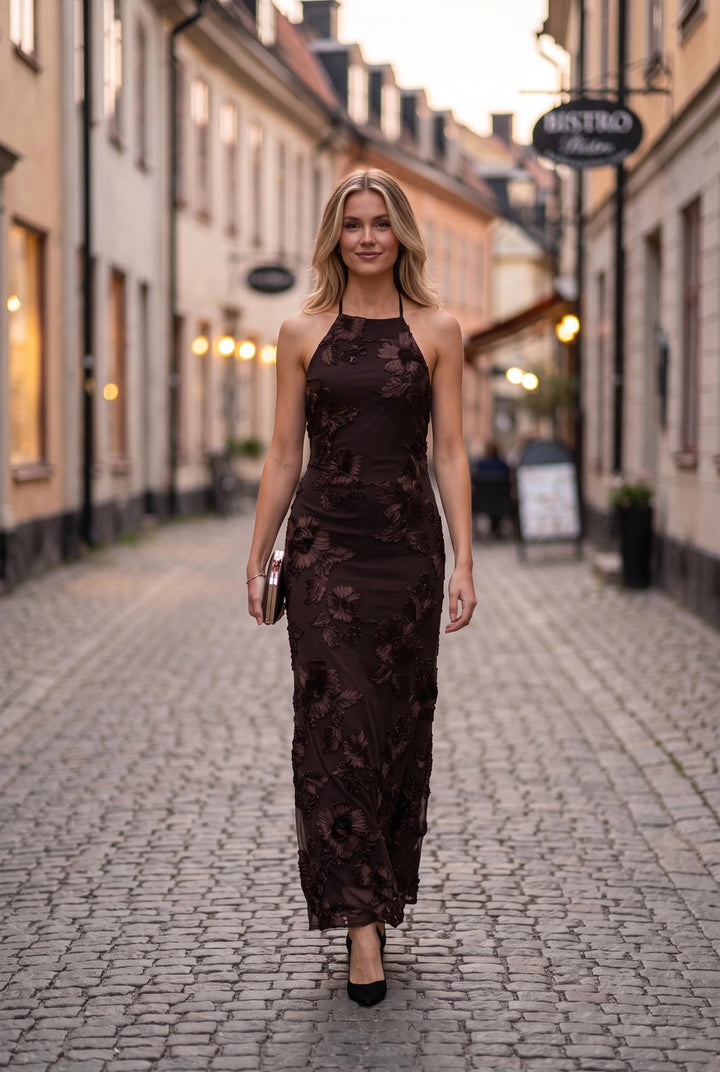 3D FLORAL MESH MERMAID MAXI DRESS