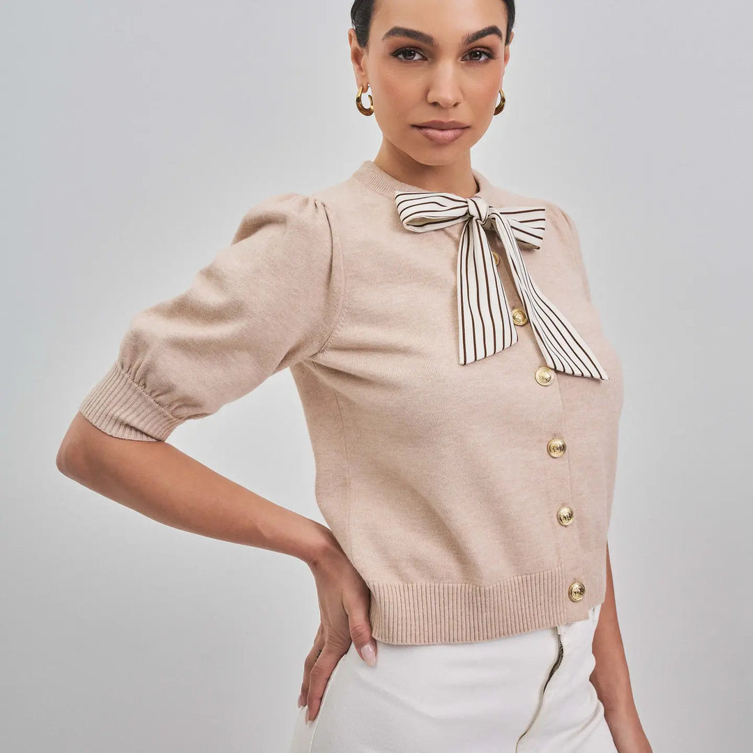 SATIN STRIPE BOW DETAILED SWEATER CARDIGAN