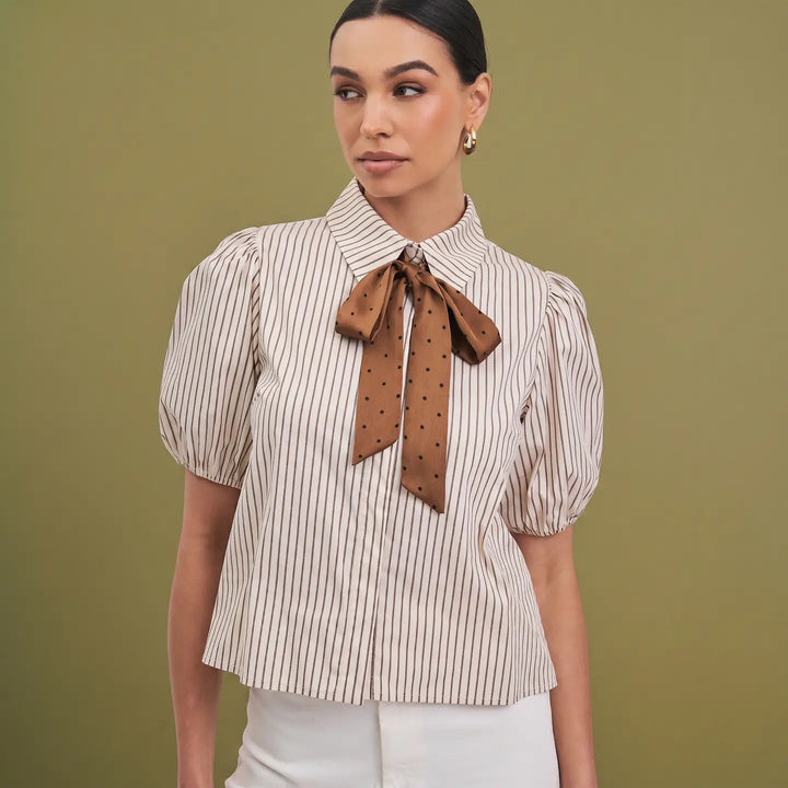 SATIN BOW DETAILED BUTTON DOWN SHIRT TOP