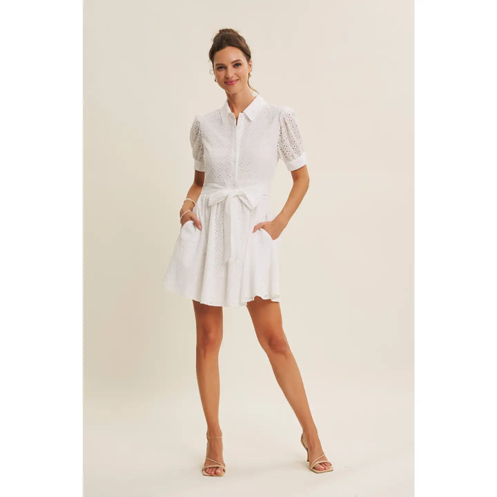 COTTON EYELET BUTTON-DOWN MINI DRESS