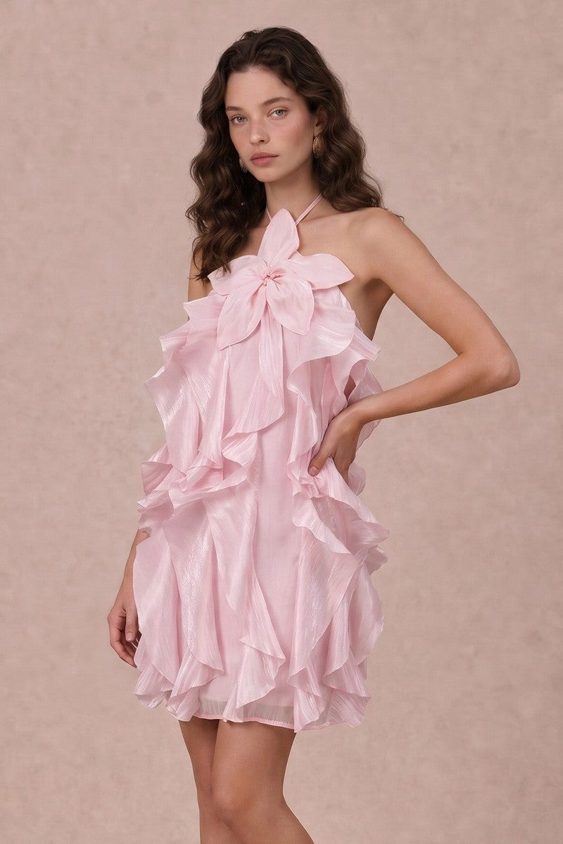 RUFFLE DETAIL FLORAL APPLIQUE MINI DRESS