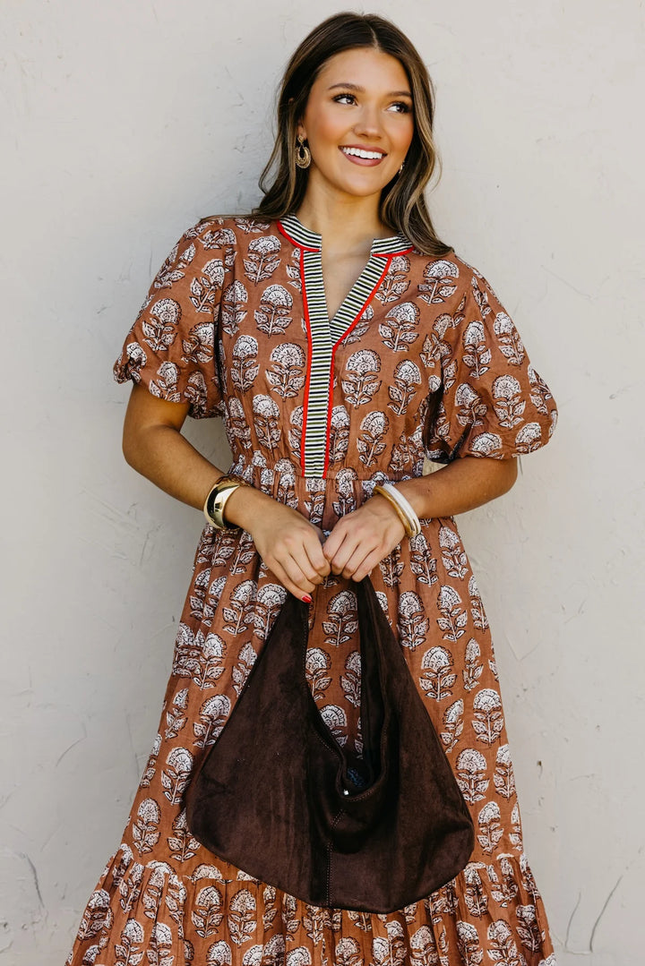 PUFF SLEEVE FLORAL DETAILED MIDI DRESS