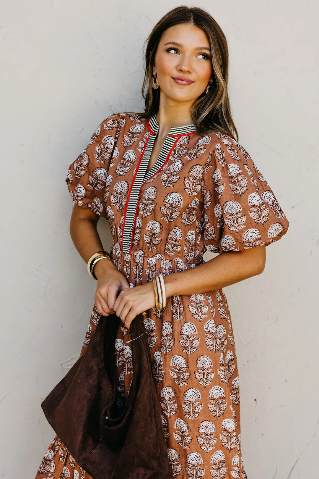 PUFF SLEEVE FLORAL DETAILED MIDI DRESS